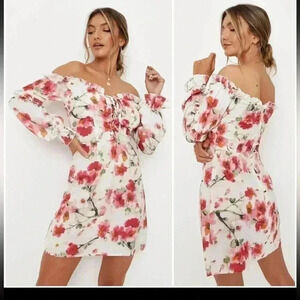 Nwt missguided floral long sleeve lace up mini dress off shoulder